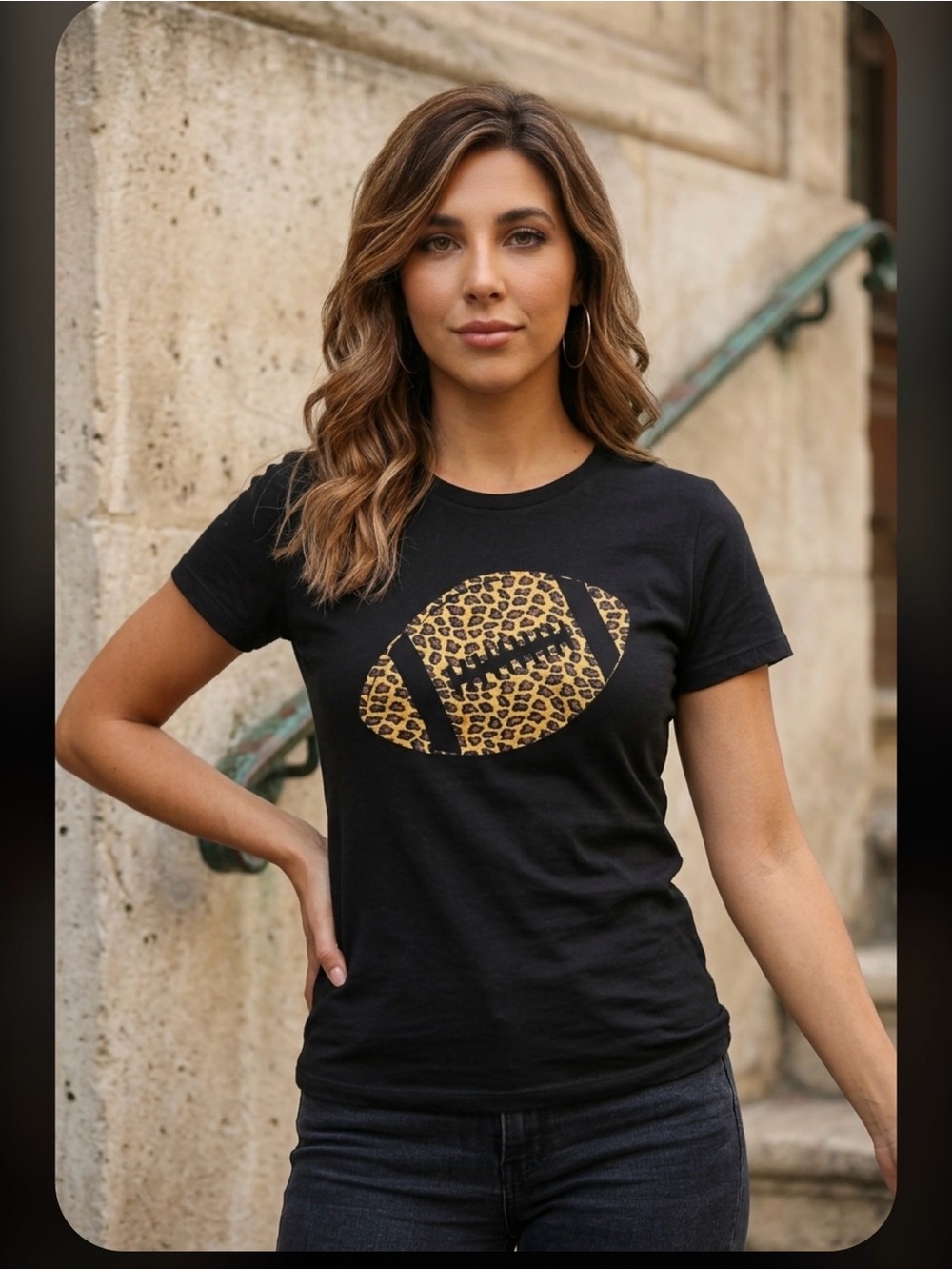Port and Company Black Tee with Leopard Football Print